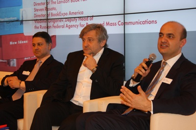 Stephen Rosato, Vladimir Grigoriev and Alaistair Burtenshaw at the BookExpo America handover at the London Book Fair 2011